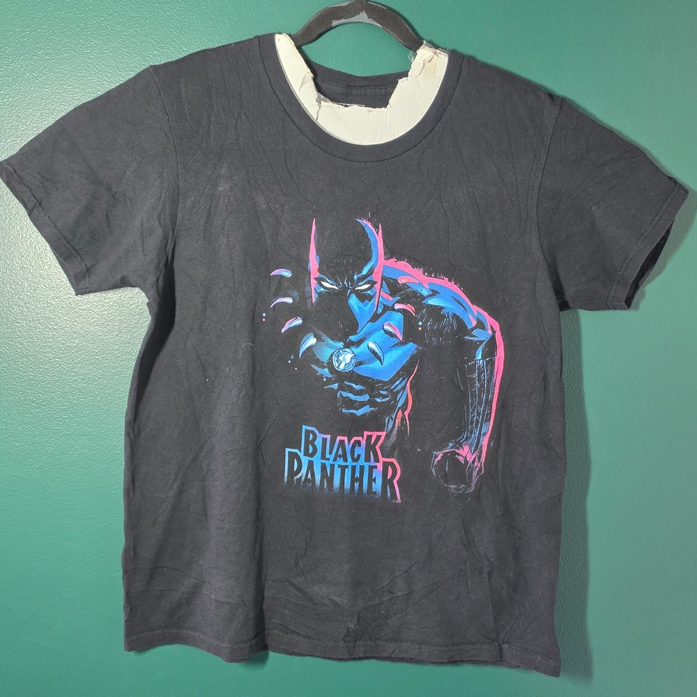 Marvel Black Panther Graphic T-Shirt Mens Large Black Neon Blue Pink Cotton Tee